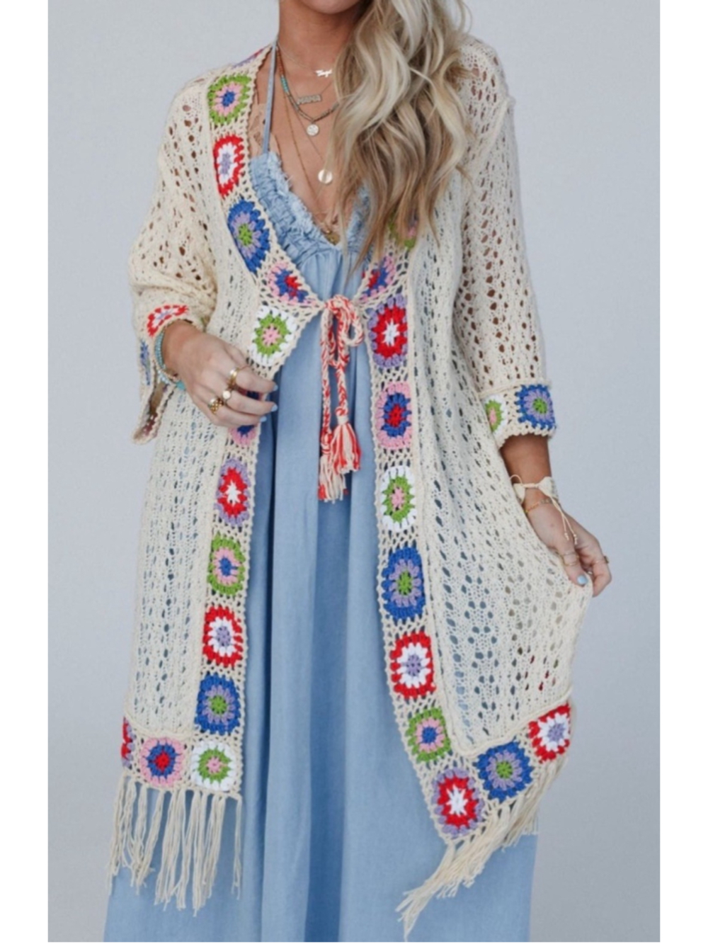 POL Crochet Knit Boho Cardigan Large Cream Granny Square Fringe Duster Sweater - Picture 5 of 10